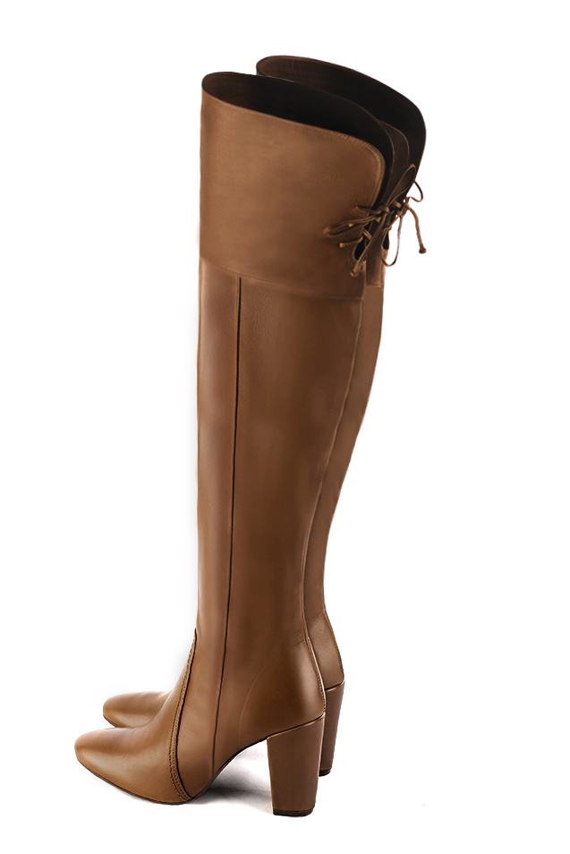 Caramel brown women's leather thigh-high boots. Round toe. High block heels. Made to measure. Rear view - Florence KOOIJMAN
